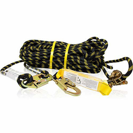 Picture of KwikSafety (Charlotte, NC) TSUNAMI (Premium BRAIDED ROPE) Vertical Lifeline Assembly with Rope Grab Snap Hooks Shock Absorber ANSI OSHA Fall Protection Restraint Roofing Safety Equipment | 50 ft.