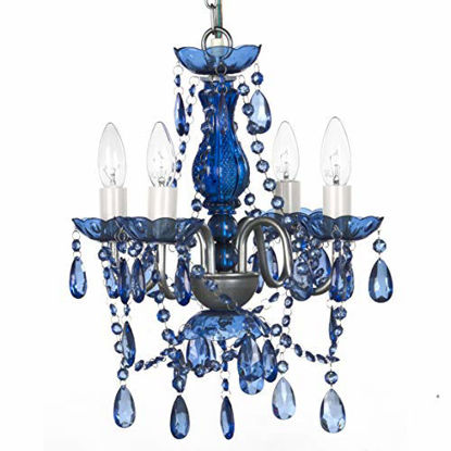 Picture of 4 Light Cobalt Blue Hardwire Flush Mount Chandelier H17.5xW15, Silver Metal Frame with Blue Glass Stem and Blue Acrylic Crystals & Beads That Sparkle Just Like Glass