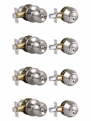 Picture of 4 Pack Keyed Alike Entry Handlset with Single Cylinder Deadbolts Combo Pack, Satin Nickel Door Knob for Front and Entrance Door, Interior and Exterior Entry Door Levers Brushed Nickel
