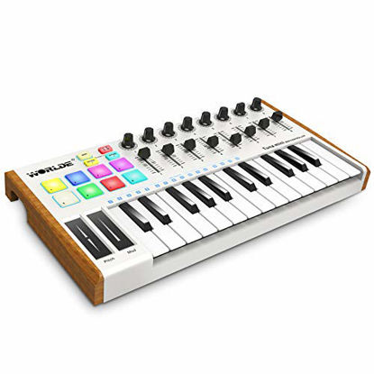 Picture of Vangoa Worlde TUNA MINI 25 Key USB MIDI Keyboard Controller with Drum Pads, 8 RGB Backlit Beat Pads, 8 Knobs, 8 Faders, White