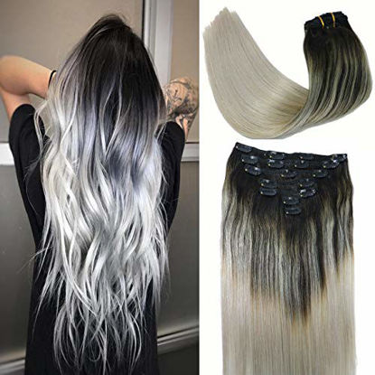 Picture of 10A Grade Clip In Hair Extensions Human Hair Ombre Hair Natural Black Fading to Silver Gray Brazilian Hair 120g 7pcs Per Set Remy Hair Full Head Silky Straight Human Hair Clip In Extensions 18In