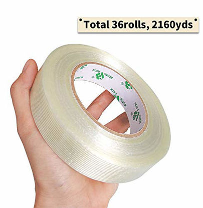 Picture of 36Rolls Fiberglass Strapping Filament Tape, 5.5Mil 24mm x 60 yds, Clear Fiber Reinforced Tape for Heavy Duty Packing Shipping, BOMEI PACK