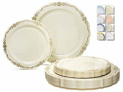 Picture of " OCCASIONS " 240 Plates Pack,(120 Guests) Vintage Wedding Party Disposable Plastic Plates Set -120 x 10'' Dinner + 120 x 7.5'' Salad / Dessert (Verona in Ivory Gold)