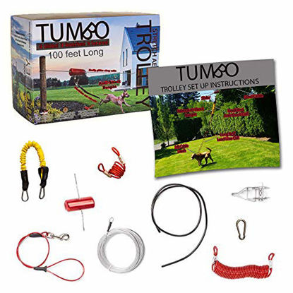 Picture of Tumbo Trolley 100 ft Dog Containment System - Solid Slider with Stretching Coil Cable with Anti-Shock Bungee (Safer and Less tangles) Aerial Dog Tie Out