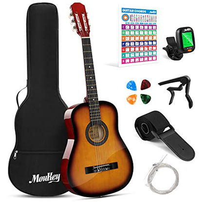 Picture of Moukey 38 Acoustic Guitar for Beginner Kid Adult Teen Guitarra Acustica with Chord Poster, Gig Bag, Tuner, Picks, Nylon Strings, Capo, Cloth, Strap - Sunburst