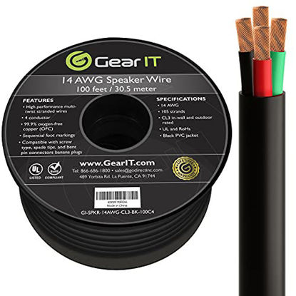Picture of GearIT Pro Series 14 Gauge 4-Conductor Speaker Wire (100 Feet / 30 Meters) 14 AWG OFC (99.9% Oxygen Free Copper) Speaker Wire CL3 Rated for Outdoor Direct Burial Use, Black