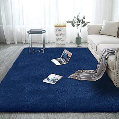Picture of Modern Area Rugs Soft Decor Rug for Bedroom Living Room Nursery Floor Fluffy Shag Collection Rug Plush Fuzzy Shaggy Throw Rug Washable Faux Sheepskin Fur Mats Multi Colored Accent Rug Carpet Navy 7x10