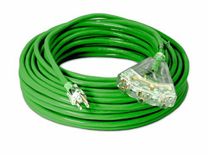 Picture of 100-ft 14/3 Heavy Duty 3-Outlet Lighted SJTW Indoor/Outdoor Extension Cord by Watt's Wire - Long Green 100' 14-Gauge Grounded 13-Amp Three-Prong Power-Cord (100 foot 14-Awg)