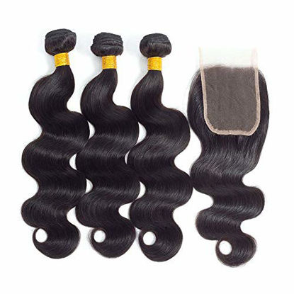 Picture of 10A Brazilian Virgin Hair Body Wave 3 Bundles with Closure (12 14 16+10"Closure) Virgin Brazilian Remy Human Hair Bundles with Closure 100% Unprocessed Remy Hair Bundles with Closure Natural Color