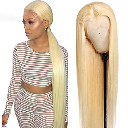 Picture of 613 Lace Front Wig Human Hair Blonde Wig Human Hair T Part 20inch 150% Density Blonde Lace Frontal Wigs Human Hair Pre Plucked with Baby Hair Brazilian Virgin Straight Lace Front Wigs for Women (20inch, T-Part Wig)