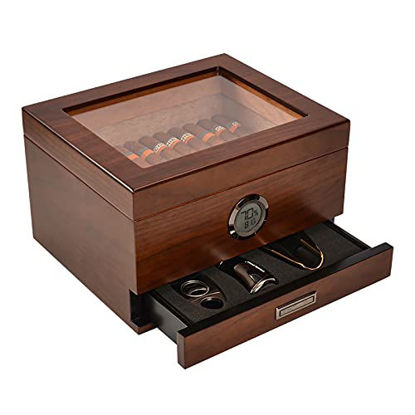 Picture of Cigar Humidor Box, Jansfuren Spanish Cedar Handmade Cigar Box, Glass Top humidors, Digital Hygrometer Front Humidifier and Accessories Drawer, Hold 25-55 Cigars