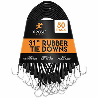 Picture of Rubber Bungee Cords with Hooks 50 Pack 31 Inch (54 Max Stretch) Heavy-Duty Black Tie Down Straps for Outdoor, Tarp Covers, Canvas Canopies, Motorcycle, and Cargo - by Xpose Safety