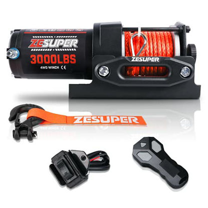 Picture of ZESUPER 3000 lb 12V DC Electric Winch for Towing ATV/UTV Off Road with Wireless Remote New Synthetic Rope Mounting Bracket
