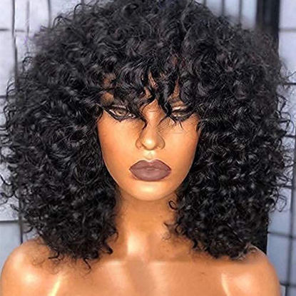 Picture of 200 Density Scalp Top Curly Full Machine Made Human Hair Wigs with Bangs Remy Brazilian Short Curly Wig For Women(16 inch)