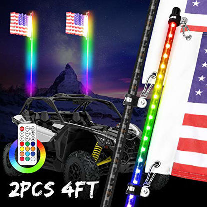 Picture of 2PCS 4FT LED Whip Lights with Flag, SWATOW INDUSTRIES Lighted Antenna Whip RGB LED Whip with Remote Off Road Dancing/Chasing Light LED Light Whip for UTV ATV RZR Can-Am Truck 4 Wheeler Dune Buggy