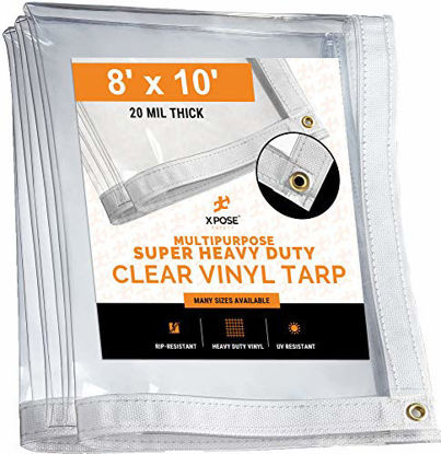 Picture of 8' x 10' Clear Vinyl Tarp - Super Heavy Duty 20 Mil Transparent Waterproof PVC Tarpaulin with Brass Grommets - for Patio Enclosure, Camping, Outdoor Tent Cover, Porch Canopy - by Xpose Safety
