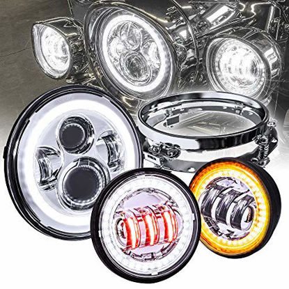 Picture of 7" CREE LED Harley Head Light + 4.5" Passing Light + Mounting Bracket [Chrome-Finish] [HALO DRL] [Plug and Play] Head Light for Harley Davidson Road King Glide Street Electra Glide