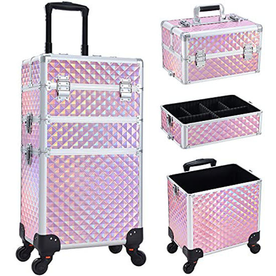 Picture of Frenessa 3 in 1 Rolling Makeup Train Case Portable Cosmetic Trolley Large Storage for Professional with 360° Swivel Wheels Salon Barber Case Traveling Cart Trunk - Glitter Pink