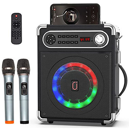 Picture of JYX Karaoke Machine with Two Wireless Microphones, Portable Bluetooth Speaker with Bass/Treble Adjustment, Remote Control and LED Lights, Supports TF Card/USB, AUX IN, FM, REC for Party