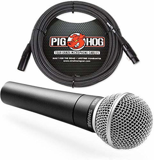 Shure SM58 Cardioid Vocal Microphone & Pig Hog Mic Cable Bundle Black 20ft XLR 