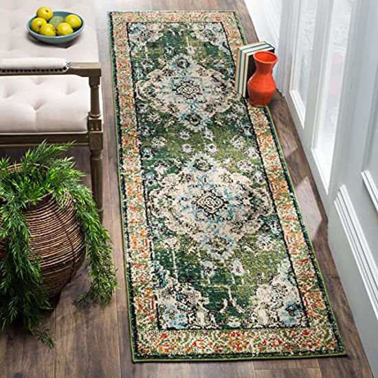 Picture of SAFAVIEH Monaco Collection MNC243F Boho Chic Medallion Distressed Non-Shedding Living Room Bedroom Runner, 2'2" x 20' , Forest Green / Light Blue