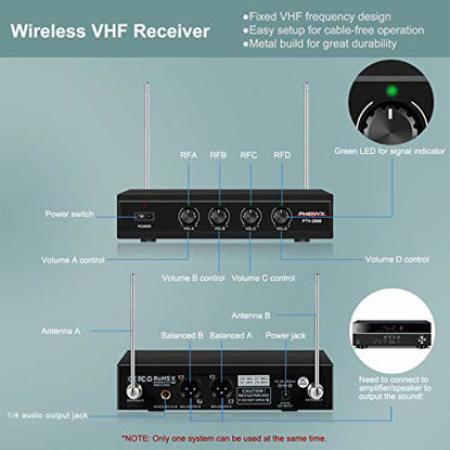 Picture of 4 Channel VHF Wireless Microphone, Phenyx Pro 4-Channel Wireless Microphone System with 4 Handheld Mics, Metal Receiver, Long Distance Operation, Ideal for Church, Party, Outdoor Events (PTV-2000A)
