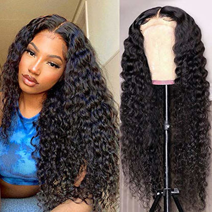 Picture of 4×4 Deep Wave Lace Front Wigs Human Hair 180% Density Deep Wave Closure Wig Brazilian Deep Wave Wigs 24 Inch Glueless Deep Curly Human Hair Wigs Curly Wigs for Black Women Pre Plucked With Baby Hair