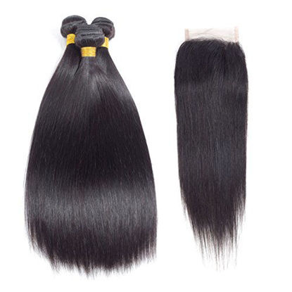 Picture of 10A Brazilian Virgin Straight Hair 3 Bundles with Closure (18 20 22+16) Virgin Brazilian Remy Straight Human Hair Bundles with Closure 100% Unprocessed Remy Hair Bundles with Closure Natural Color