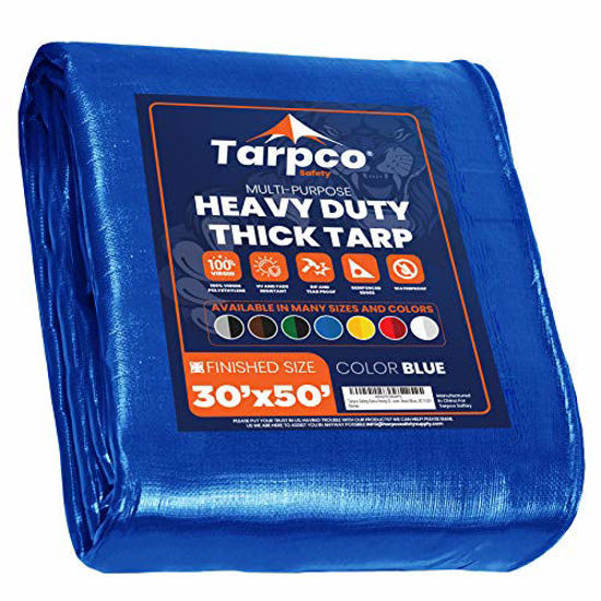 Picture of Tarpco Safety Extra Heavy Duty 14 Mil Tarp Cover, Waterproof, UV Resistant, Rip and Tear Proof, Poly Tarpaulin with Reinforced Edges for Roof, Camping, Patio, Pool , Boat (Blue 30 X 50)