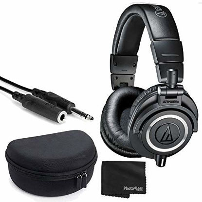 Picture of Audio-Technica ATH-M50x Closed-Back Professional Monitor Headphones - 90° Swiveling Earcups (Black) + Headphone Case + 1/4 inch TRS Extension Cable + Cloth - Deluxe Headphone Bundle