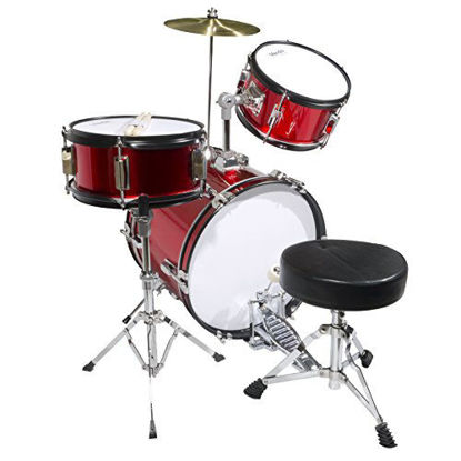 Picture of Mendini By Cecilio Drum Set - 3-Piece Kids Drum Set (16"), Includes Bass Drum, Tom, Snare, Drum Throne - Musical Instruments for Age 6-12, Red Drum Kit