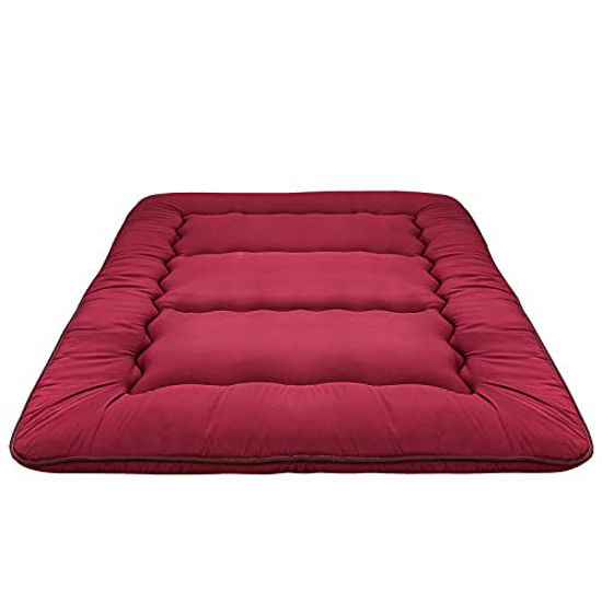 Picture of Japanese Floor Mattress Futon Mattress Thicken Tatami Mat Sleeping Pad Roll Up Mattress Floor Lounger Bed Folding Couch Bed Mattress Pad for Guest Room, Burgundy, King Size