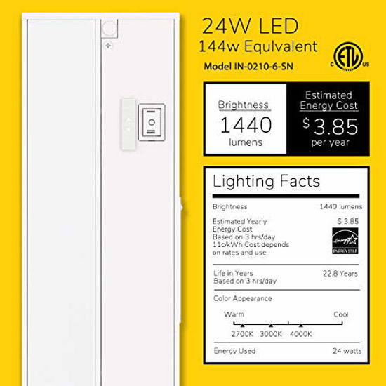 Picture of GETINLIGHT 3 Color Levels Dimmable LED Under Cabinet Lighting with ETL Listed, Warm White (2700K), Soft White (3000K), Bright White (4000K), White Finished, 48-inch, IN-0210-6