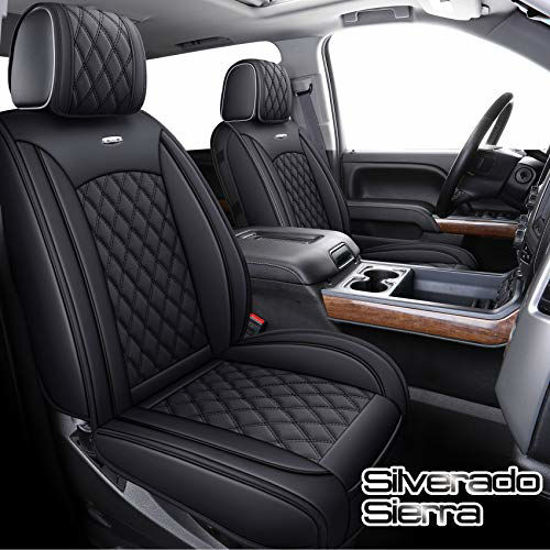 Picture of Aierxuan Seat Covers for Cars Full Set Chevy Chevrolet Silverado GMC Sierra Pickup 2007-2022 1500 2500HD 3500HD Crew Double Extended Cab Waterproof Leather Seat Protectors (Full Set, Black)