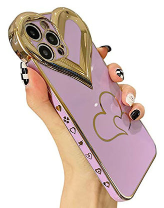 Picture of KERZZIL Cute iPhone 12 Pro Max Case for Women Girls, Glitter Aesthetics Plating Case, Elegant Love Heart Camera Protective Electroplated Soft TPU Phone Cases Cover(Purple)