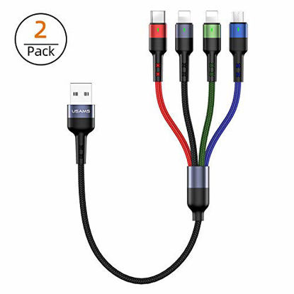 Picture of 2Pack Multi Charging Cable USAMS Multiple Charger Cord Nylon Braided Short 1ft 4 in 1 USB Charge Cord with Phone/Type C/Micro USB Connector for Phone/Galaxy S9/S8/S7 and More (0.35M/1FT)