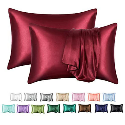 Picture of MR&HM Satin Pillowcase for Hair and Skin, Silk Satin Pillowcase 2 Pack, King Size Pillow Cases Set of 2, Silky Pillow Cover with Envelope Closure (20x36, Burgundy)