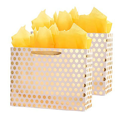 Picture of 2 Pack 16.5" Extra Large Gift Bags with Tissue Paper for Presents (Gold Polka dot)