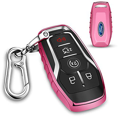 Picture of QBUC for Ford Key fob Cover,TPU Car Key Case Protector with Keychain Compatible with Ford Fusion F-150 Edge Explorer Mustang Lincoln MKZ MKC 2/3/4/5 Buttons Smart Key(Pink)