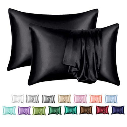 Picture of MR&HM Satin Pillowcase for Hair and Skin, Silk Satin Pillowcase 2 Pack, King Size Pillow Cases Set of 2, Silky Pillow Cover with Envelope Closure (20x36, Black)