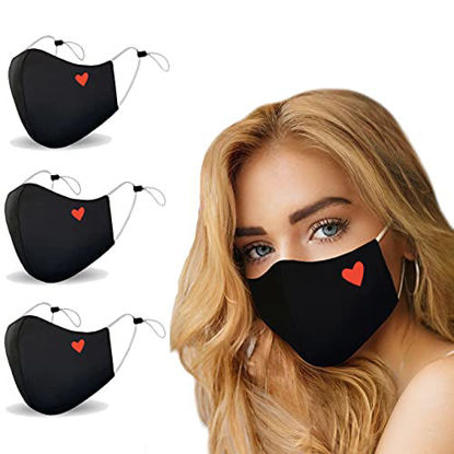 Picture of Black with Red Heart Fashion Face Mask, Moisture Wicking , Breathable, Washable, Lightweight, Reusable Comfort Fashion Sport for Women Men Teens 3 Pack