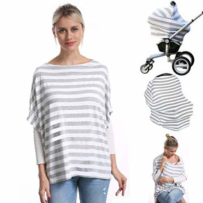 Picture of Nursing Breastfeeding Cover Car Seat Canopy for Infant Baby, Soft Bamboo Jersey, Extremely Stretchy, All-in-one Carseat Stroller Cover, Nursing Cover Up Poncho Tops Clothes, Nurse Gift Stripe