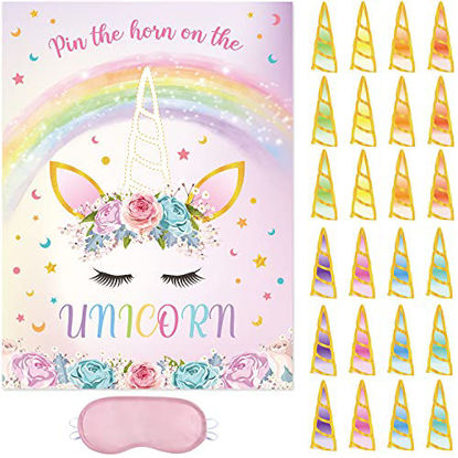 Picture of Pin The Horn on The Unicorn Game - 20'' x 29'' Unicorn Party Game for Kids Girls with 24 PCs Horns Unicorn Birthday Party Supplies for Wall Home Room Decorations