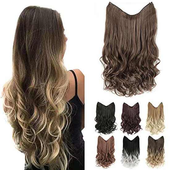 GetUSCart- GIRLSHOW Halo Synthetic Hair Extensions 24 Inch  Oz Curly  Wavy Long Invisible Transparent Wire Adjustable Size Heat Resistance Fiber  No Clip Hairpieces for Women (Golden Brown -#101, 24 Inch)