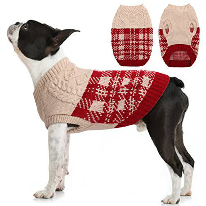 Picture of Kuoser Dog Cat Sweater, Warm Puppy Plaid Knitwear Jumper with Knitting Pattern, Soft Cotton Doggie Hoodie Winter/Autumn Pet Pullover Shirt for Small and Medium Dogs Cats, Red S