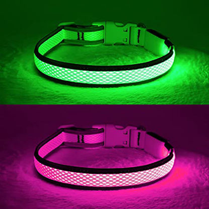 Picture of YFbrite Light up Dog Collar, Rechargeable LED Dog Collar, Flashing Dog Collar, Adjustable Reflective Dog Collar Safety Glowing at Night (Green, Large)