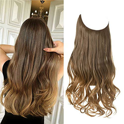 Picture of SARLA Long Halo Hair Extensions Ombre Brown to Golden Wavy Curly Synthetic Invisible Wire Hair Piece 18 Inch 4.2 Oz Adjustable Headband for Women Heat Friendly Fiber No Clip