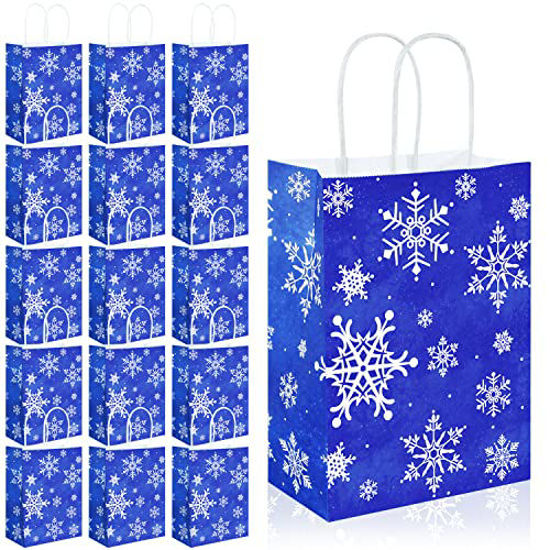 Picture of 16 Pieces Christmas Party Goodie Bags,Large thick Kraft White Snowflake Blue Xmas Backdrop Sign Christmas Goody Treat Gift Bags with Handles for Winter Christmas Holiday Party Supplies (Blue,16 Pack)