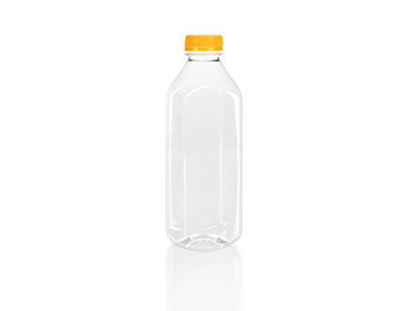 Picture of (6) 32 oz. Clear Food Grade Plastic Juice Bottles with Orange Tamper Evident Caps 6/Pack