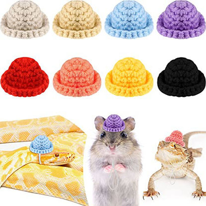 Picture of 8 Pieces Mini Cute Pet Hat with Adjustable Elastic Chin Strap, Snake Hamster Lizard Guinea Pig Knitted Hat Small Reptile Animal Decoration Supplies Lovely Accessories